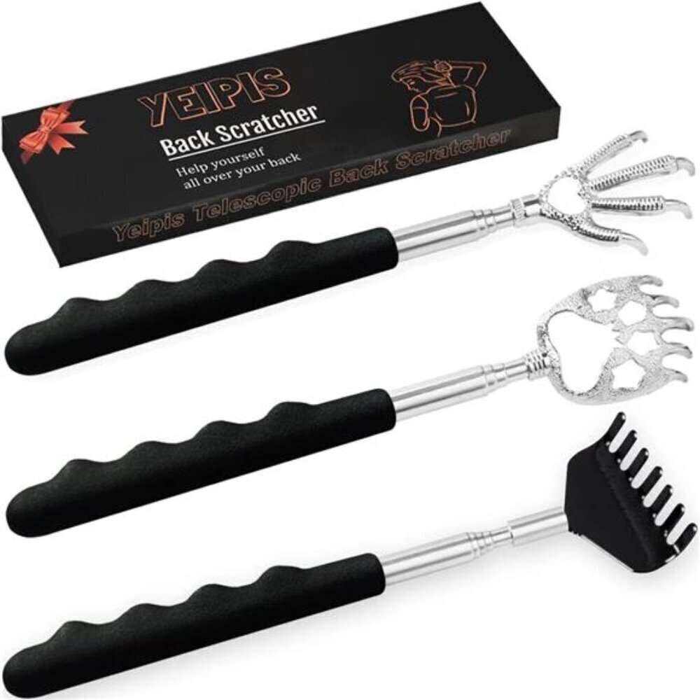 3-Pack Telescopic Back Scratchers Bear Claw, Rake, and Paw Stainless Steel